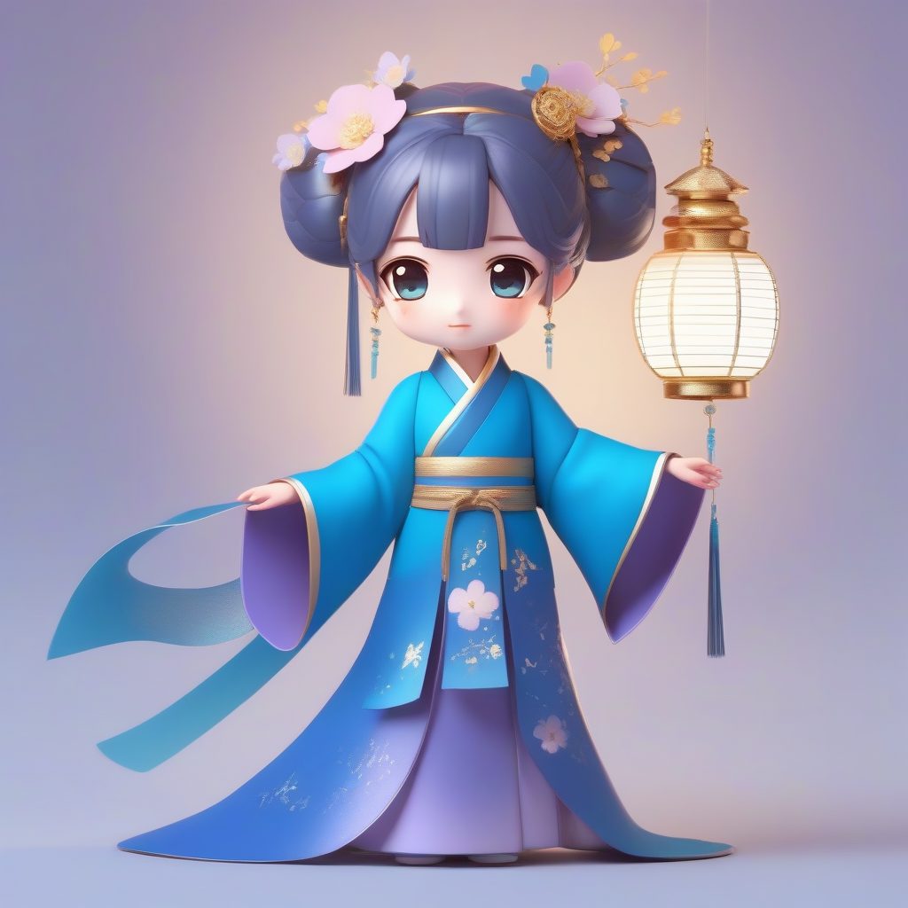 治愈系Q版中国风：手持六角灯笼的蓝色汉服少女全身像