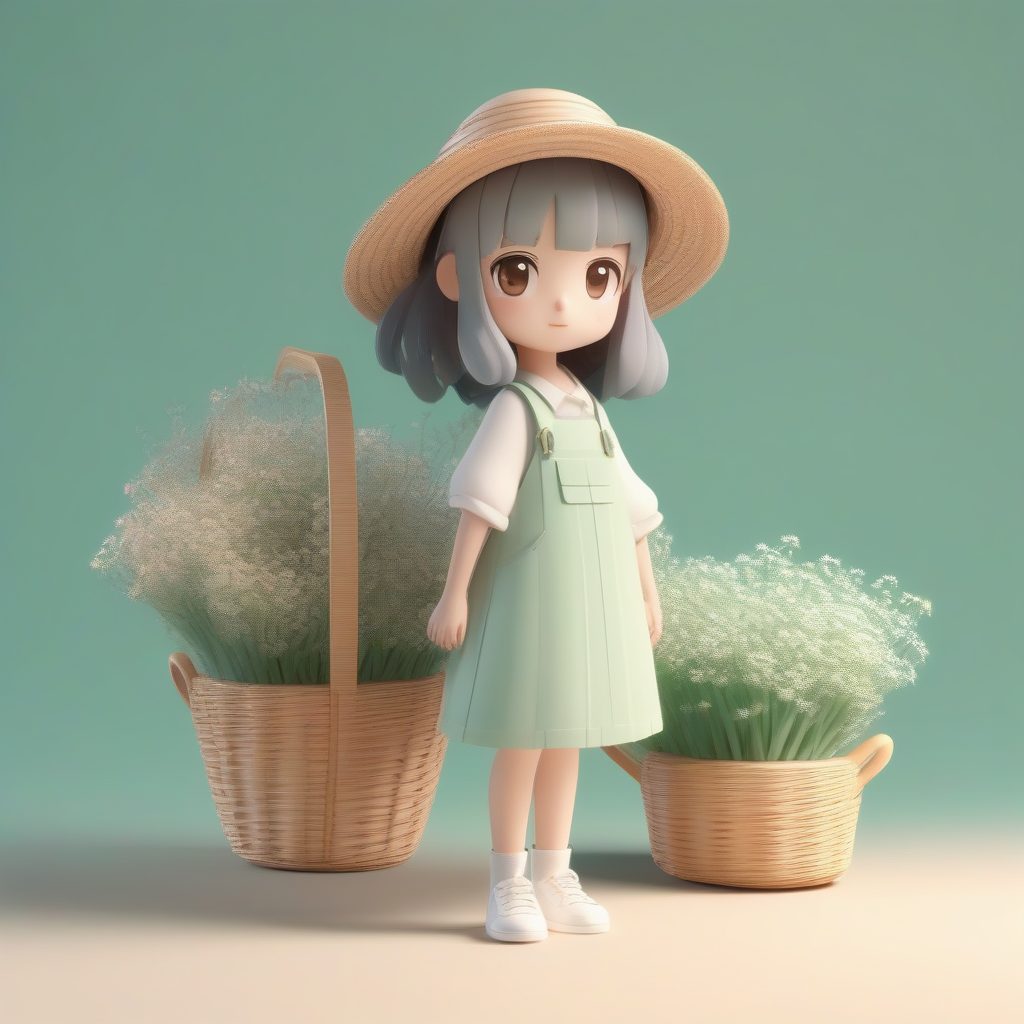 治愈系田园美学Q版少女：粘土造型柔和灯光全身照，薄荷绿背景