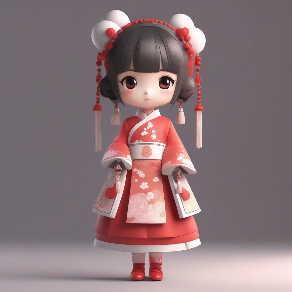 中华风洛丽塔Q版：旗袍元素与国风发饰，纯白背景C4D渲染