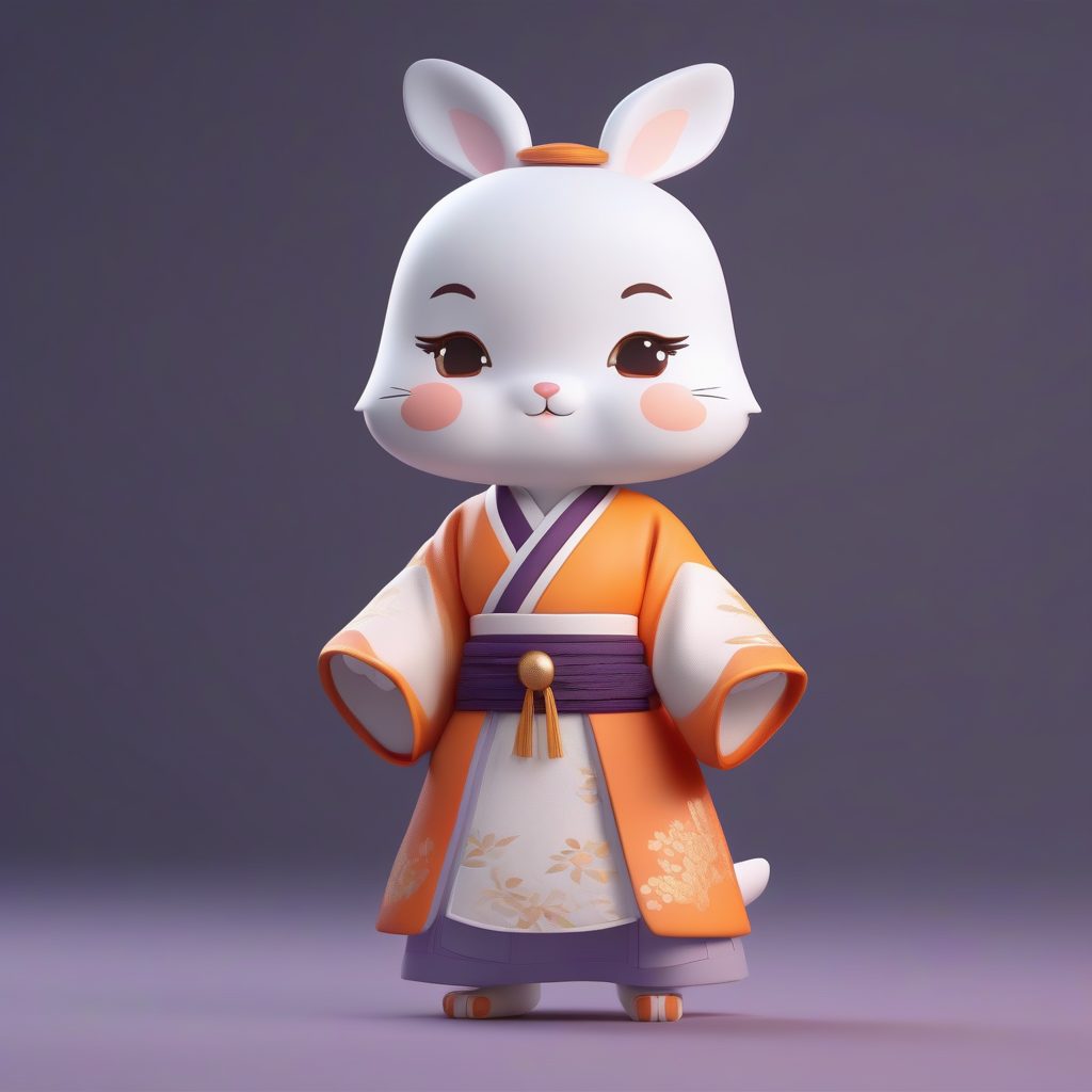 中秋抱玉兔Q版汉服女孩：嫦娥主题3D模型，柔焦景深效果