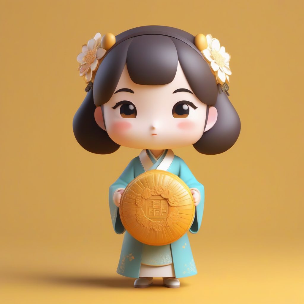 中秋月饼汉服Q版手办：3D Octane渲染，高细节柔和照明全身照