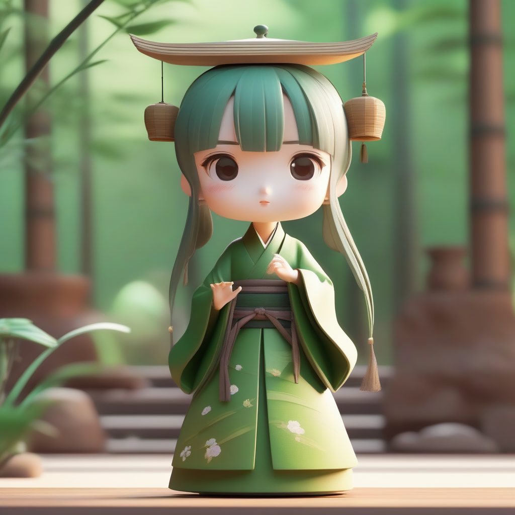 竹青色茶道汉服：Pop Mart风格Q版手办，3D粘土高光