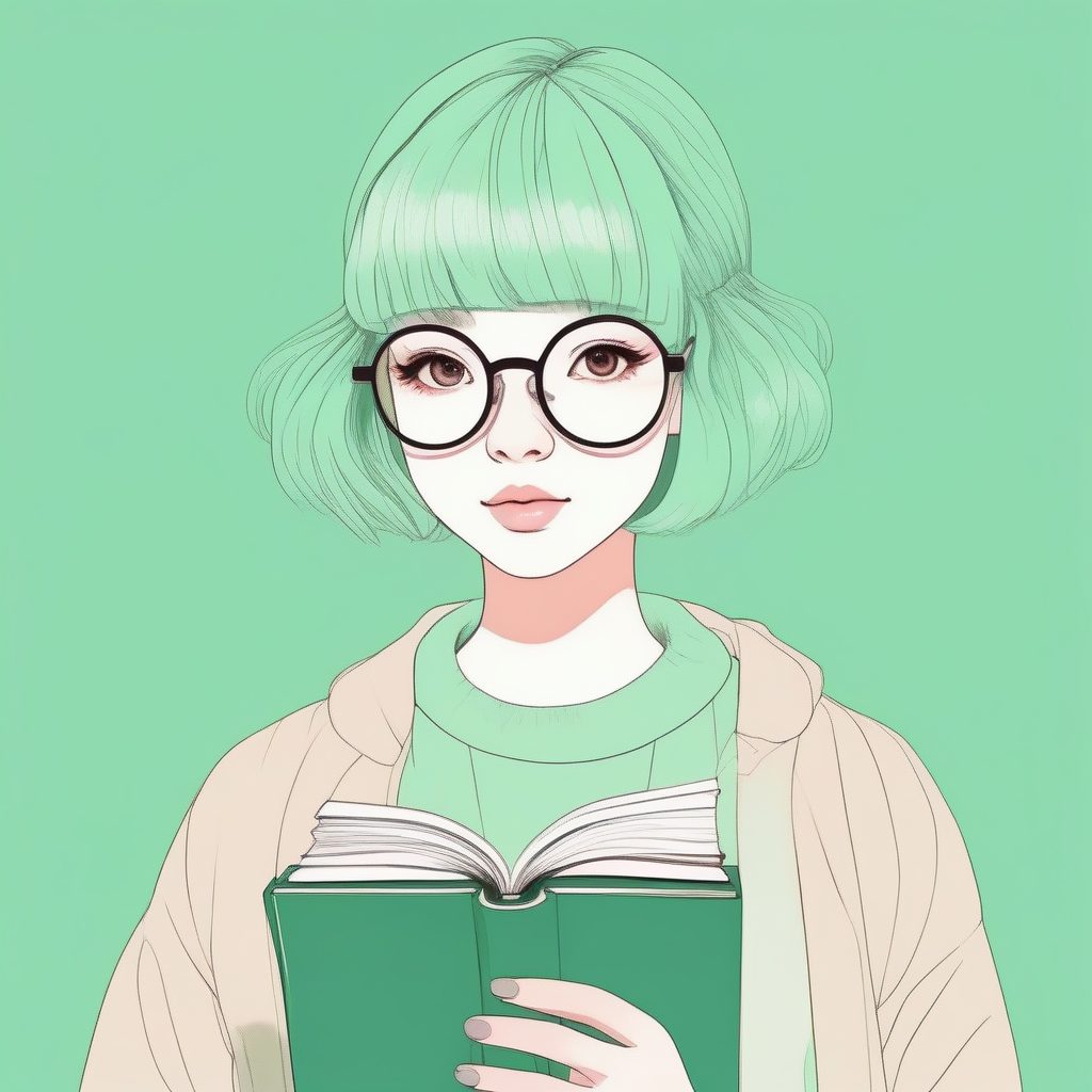 专注阅读的学院风少女:眼镜与书本的纯色背景人像 3 专注阅读的学院风少女:眼镜与书本的纯色背景人像