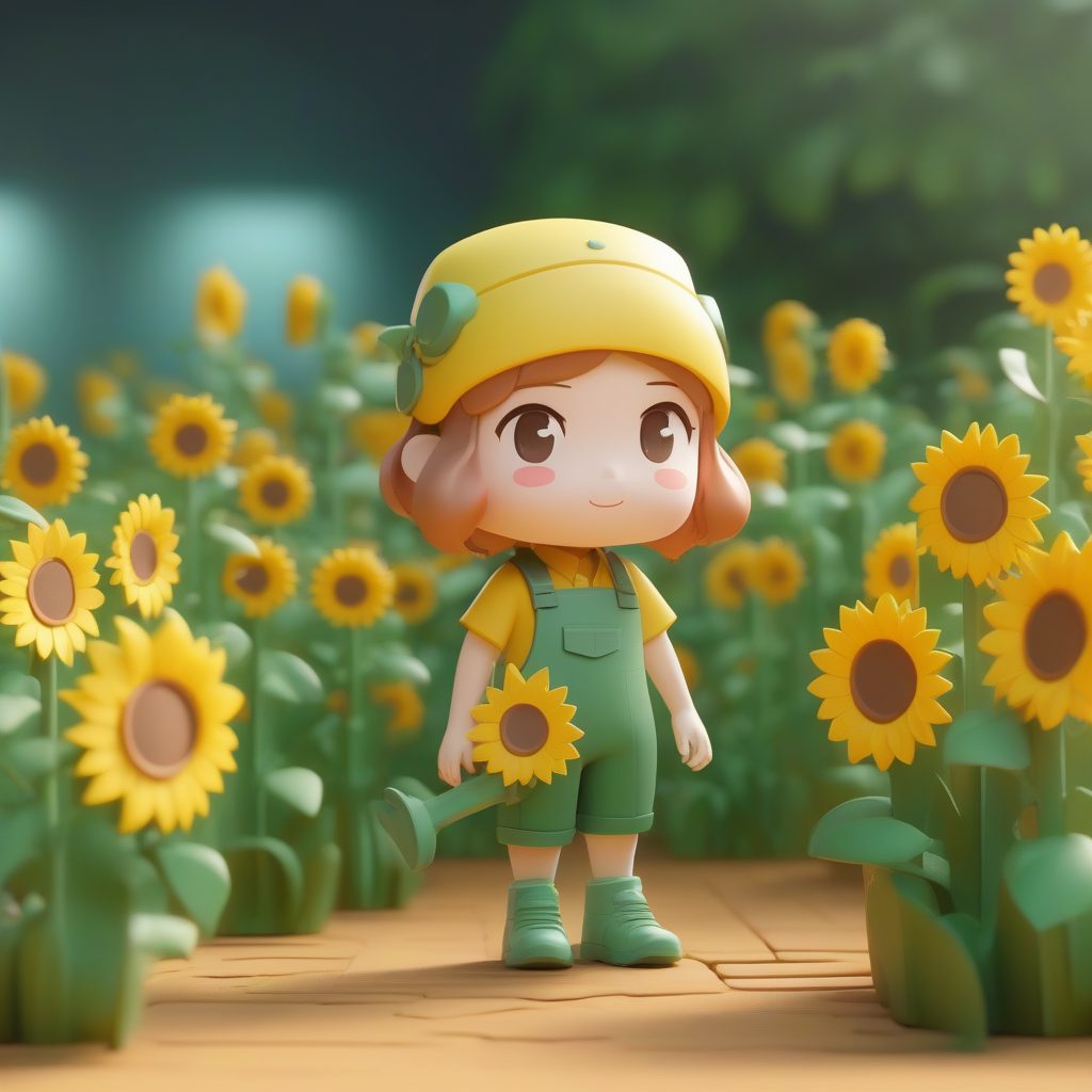 自然守护者机械娘：绿色系园艺助手，粘土盲盒风渲染