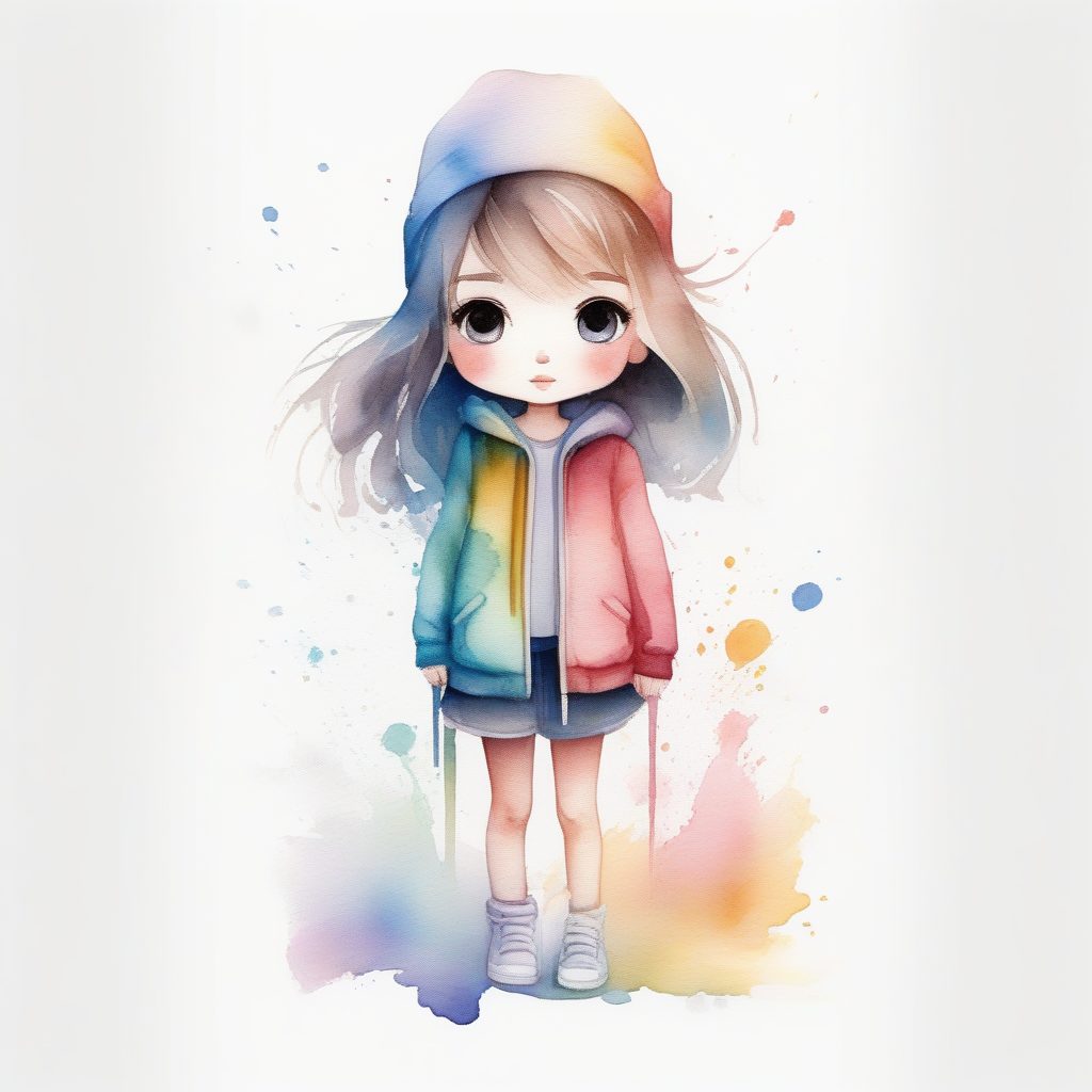 自由流动水彩Chibi：随机纹理与泼墨点缀全身像AI提示