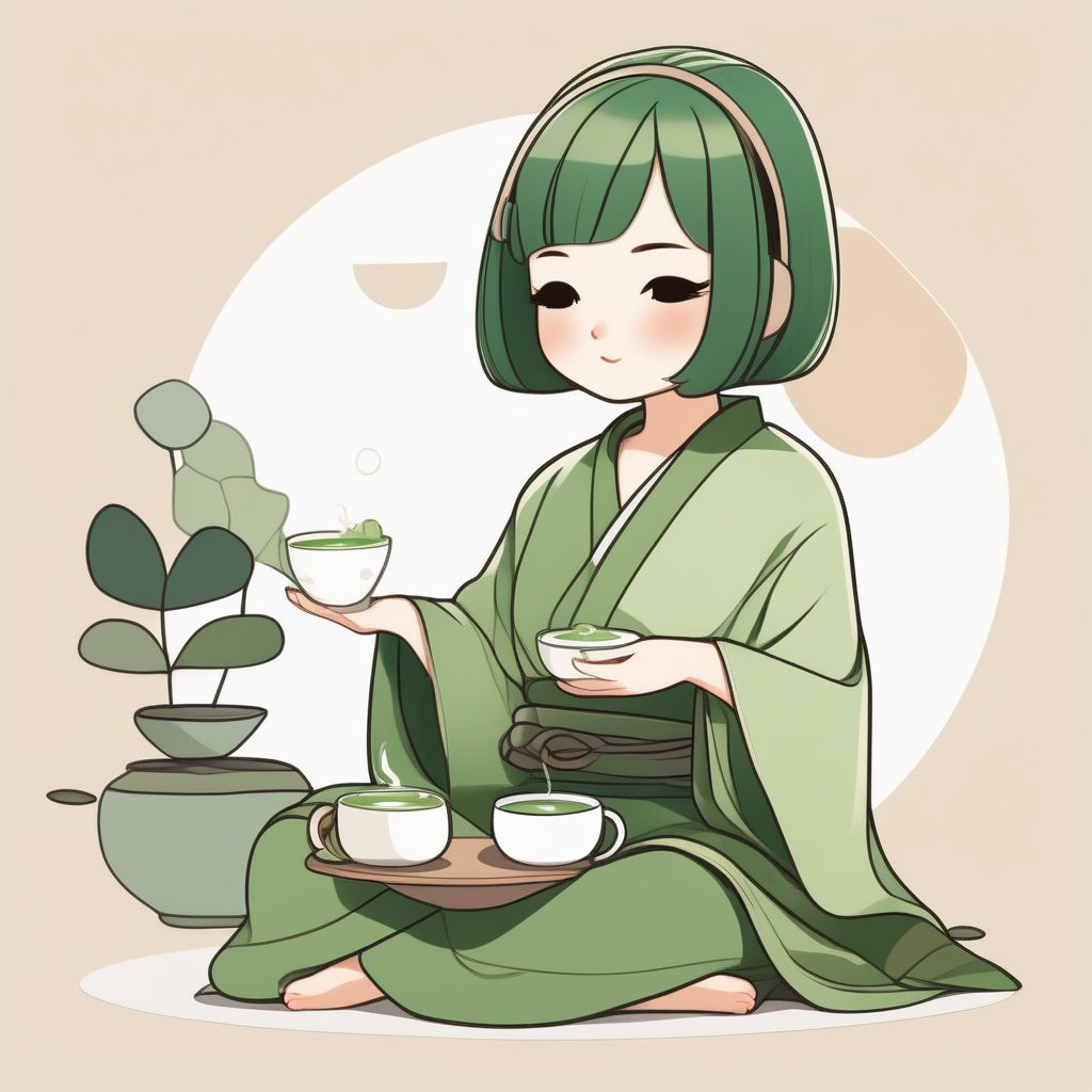 坐着喝抹茶的极简Q版和风女孩