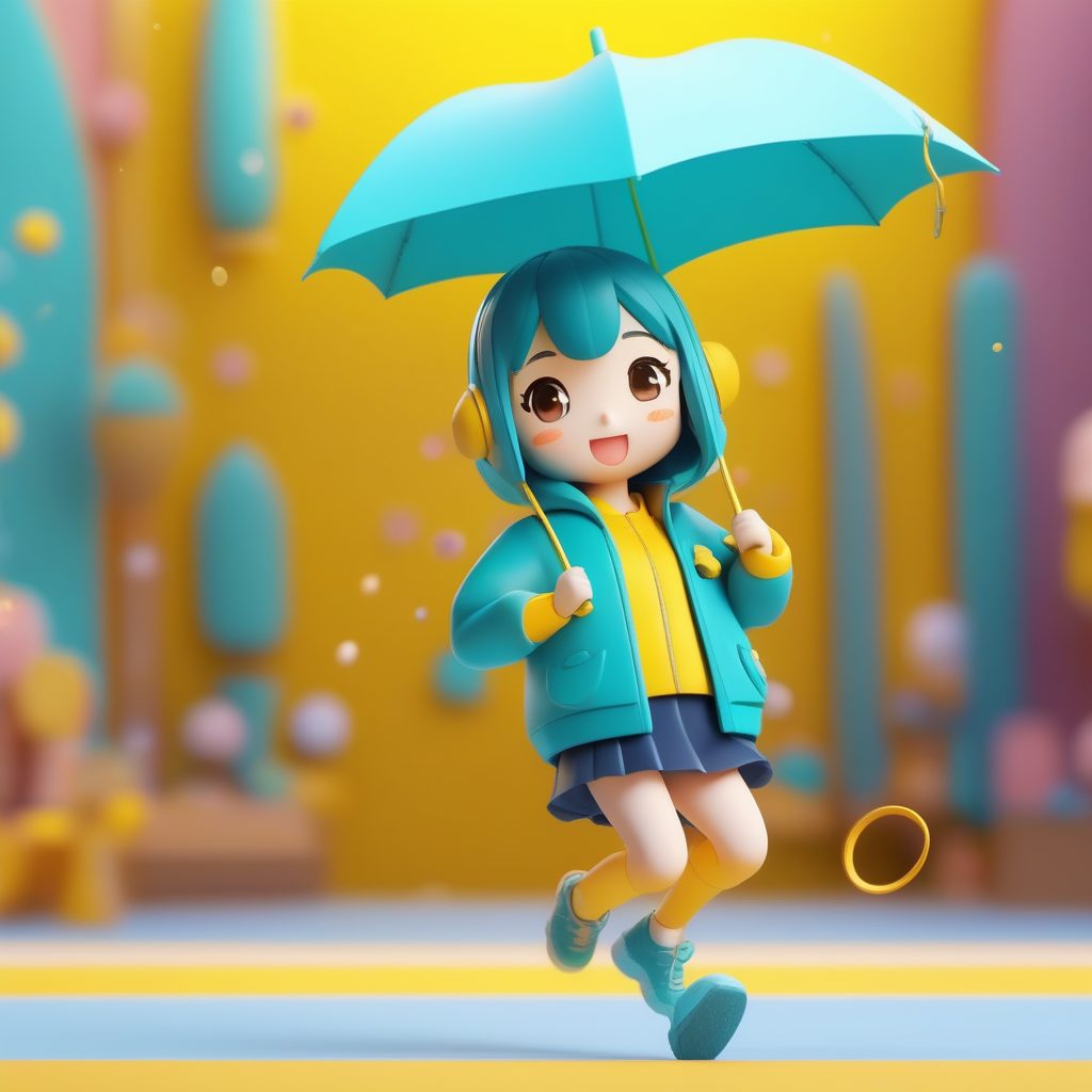 1 Girl 简约线条：雨天撑伞Q版女孩，高细节动态全身照AI指令