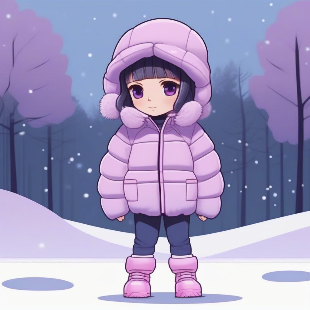 2026冬季潮流时尚Q版穿搭:蓬松外套+纯色背景极简动漫人物全身像