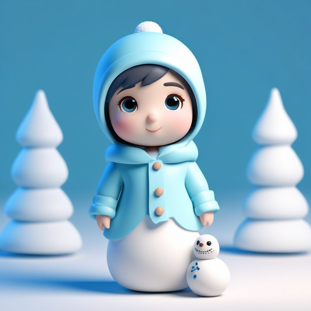 3D卡通粘土风：雪白圣诞女孩与小雪人，极致柔和布光AI提示词