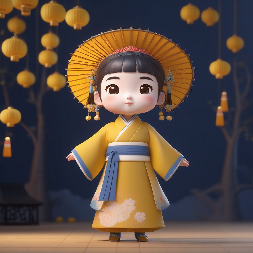 3D卡通粘土手办：Q版冬日汉服女孩全身站立，纯蓝背景高清晰度提示词