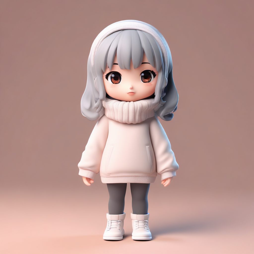 3D盲盒美学: Q版人物穿着超大毛衣缩肩取暖提示词