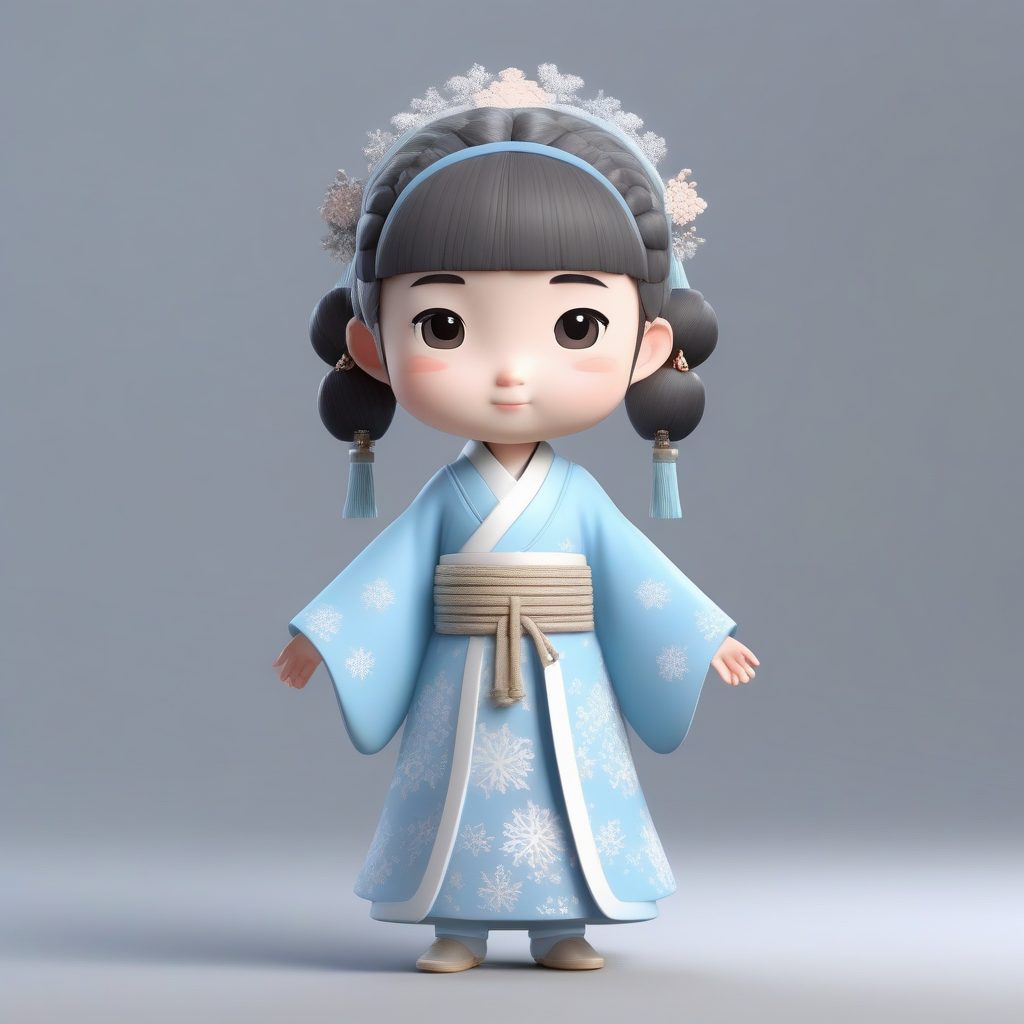 3D盲盒Q版汉服女孩：全身站立，冬季雪花主题粘土渲染高阶提示词