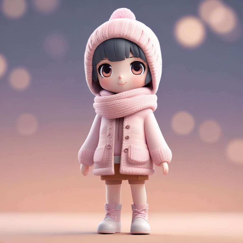 3D盲盒Q版女孩:粉色围巾冬日穿搭AI提示词