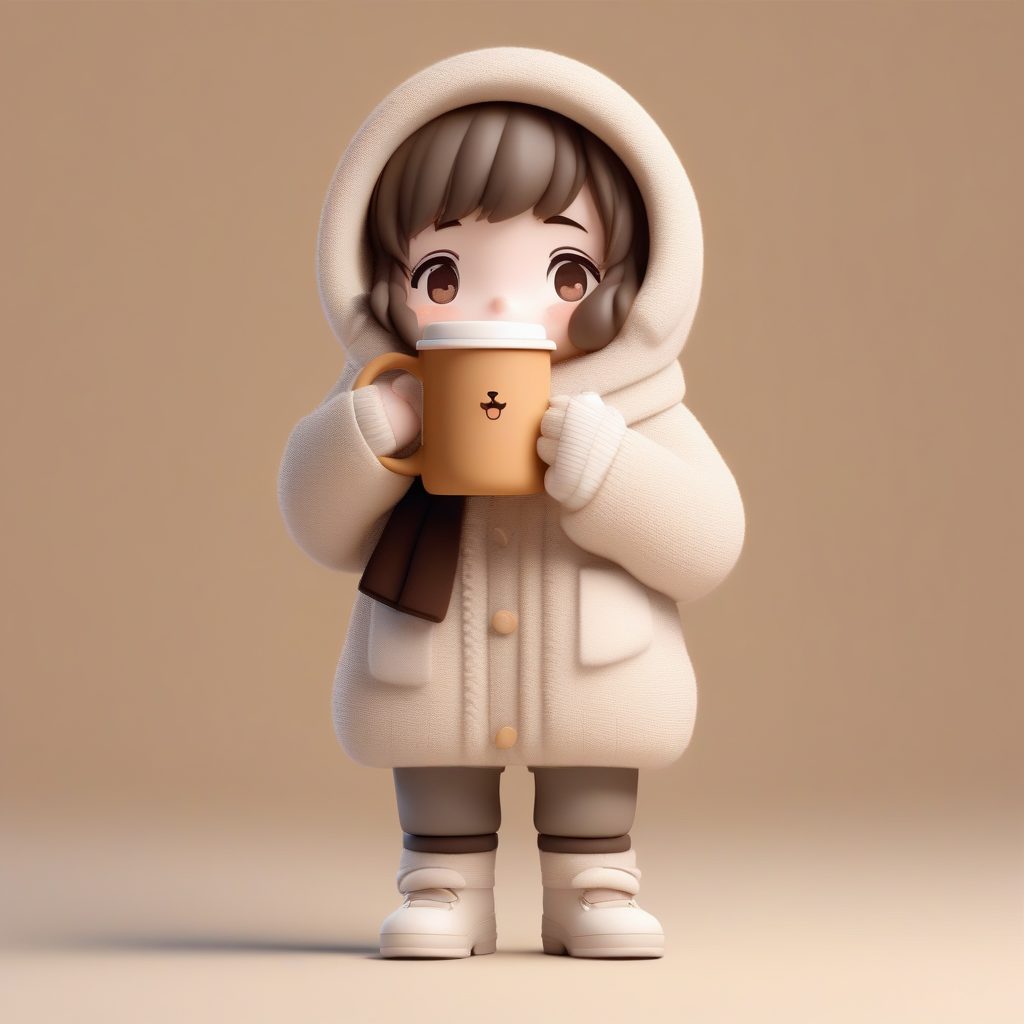 3D粘土风泰迪绒外套:超萌Q版女孩奶油色系冬装全身像提示词