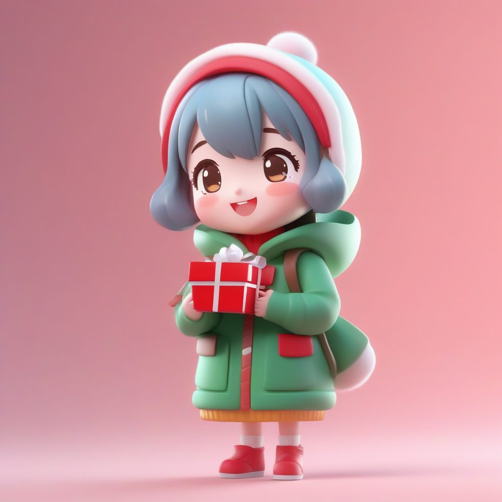 3D渲染盲盒人偶:圣诞主题Q版冬装,手持礼物盒全身像