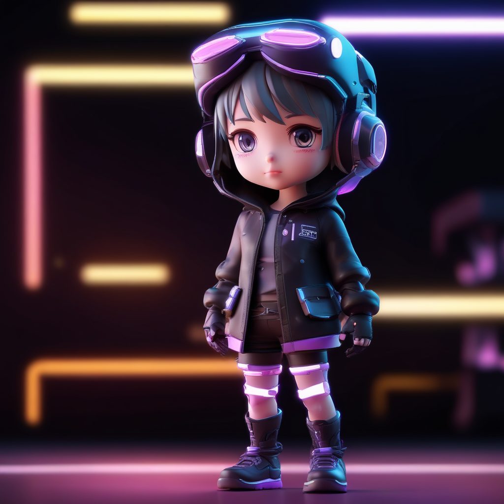 3D Q版盲盒手办教程: 赛博朋克黑客女孩AI绘画提示词