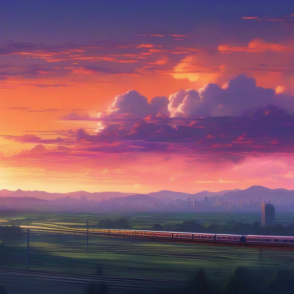 4K高清桌面壁纸:新海诚风格日落城市列车之旅 | AI绘图提示词