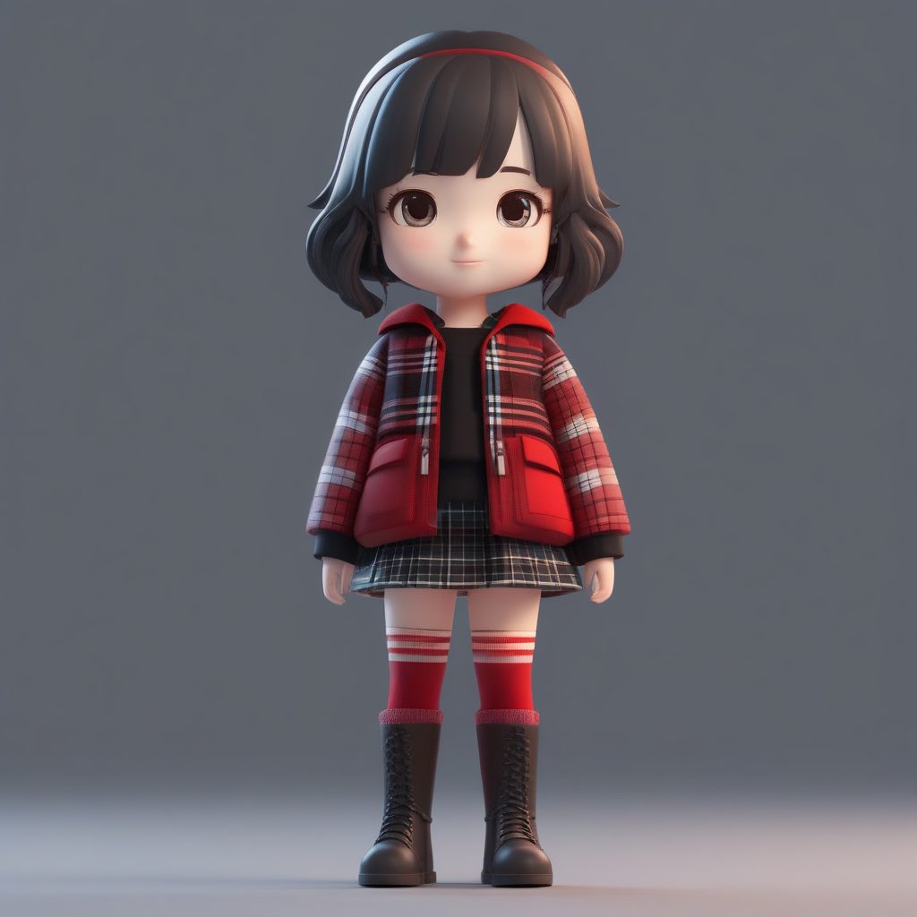 8K超清Q版：英伦格纹外套冬日穿搭全身像AI提示词