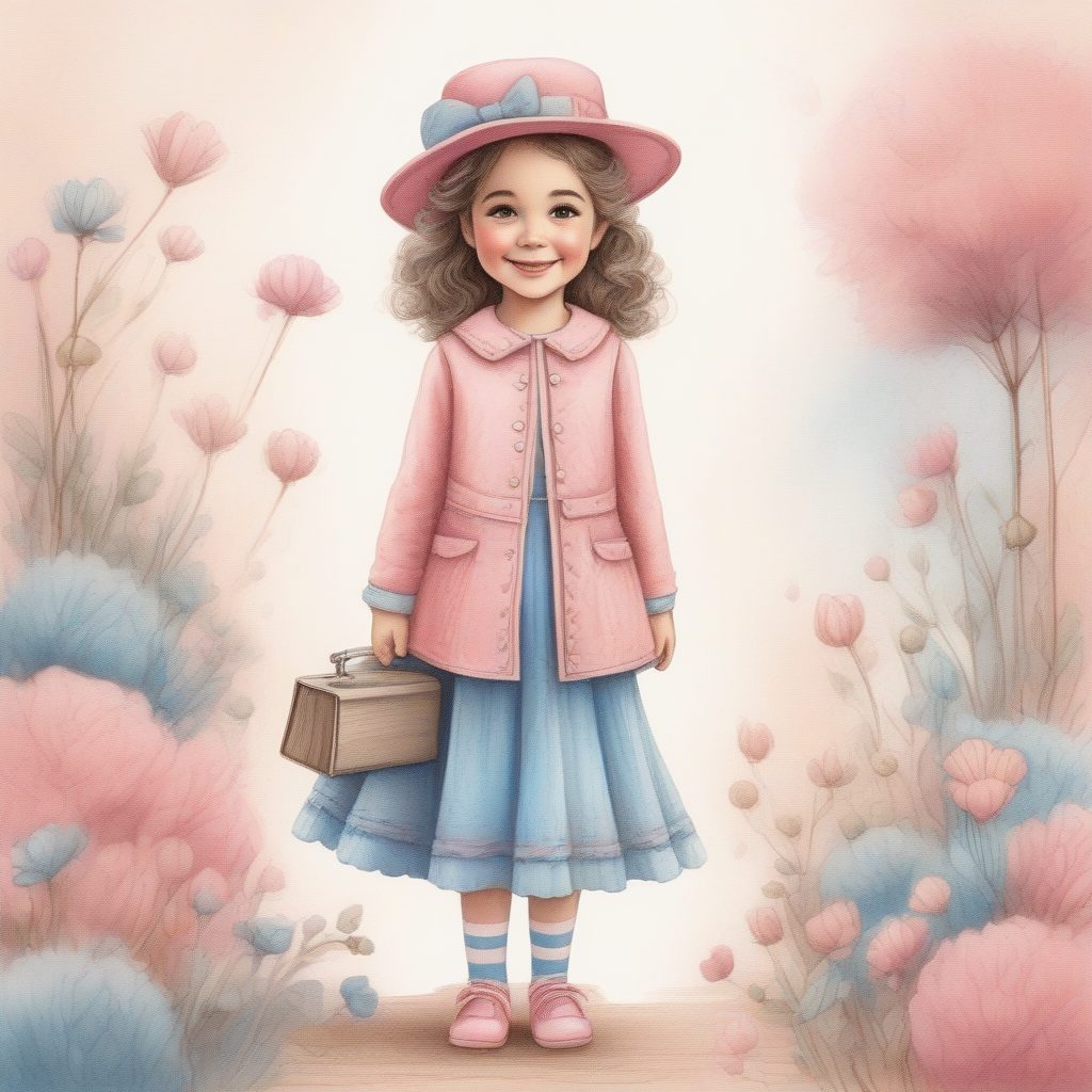8K高清!复古绘本风粉蓝时尚女孩微笑全身像AI提示词模板
