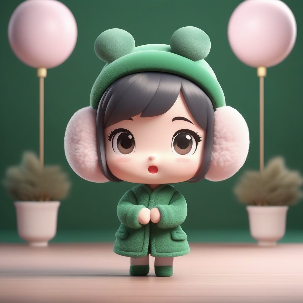 8K高细节：表情惊讶的旗袍少女Q版手办，羊羔毛耳罩与冬日时尚