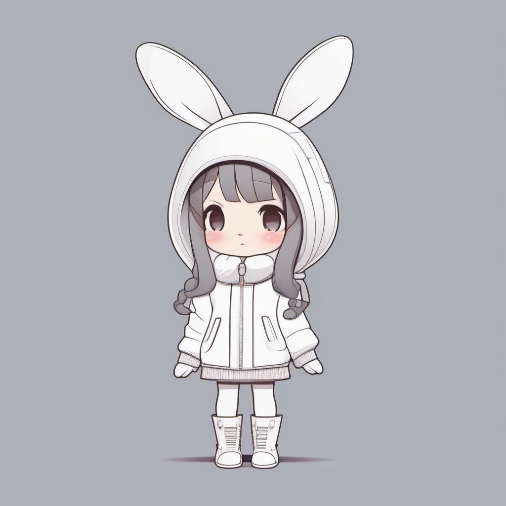 8K极简主义AI绘画：纯白冬装Q版兔耳娘全身站姿提示词