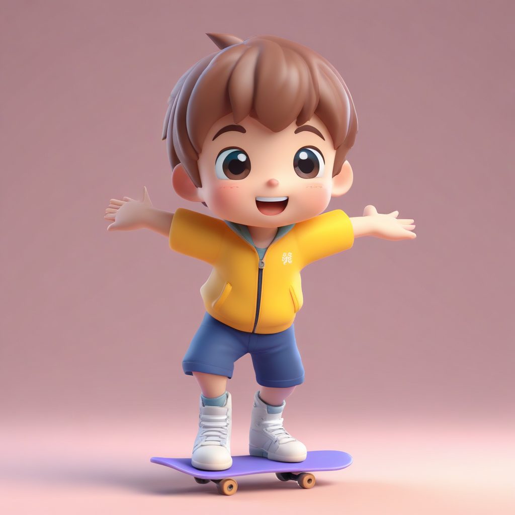 8K Q版滑板少年：腾空跳跃动态与胜利欢呼表情渲染