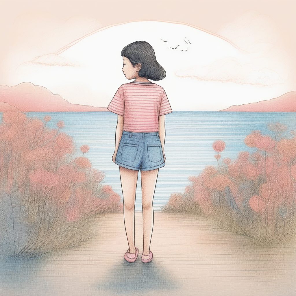 AI插画技巧:日系女孩的条纹T恤与短裤的清爽夏日造型