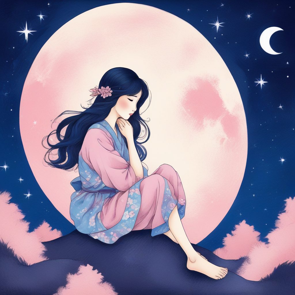 AI绘本美学:软萌日系女孩与月亮,粉蓝夜晚