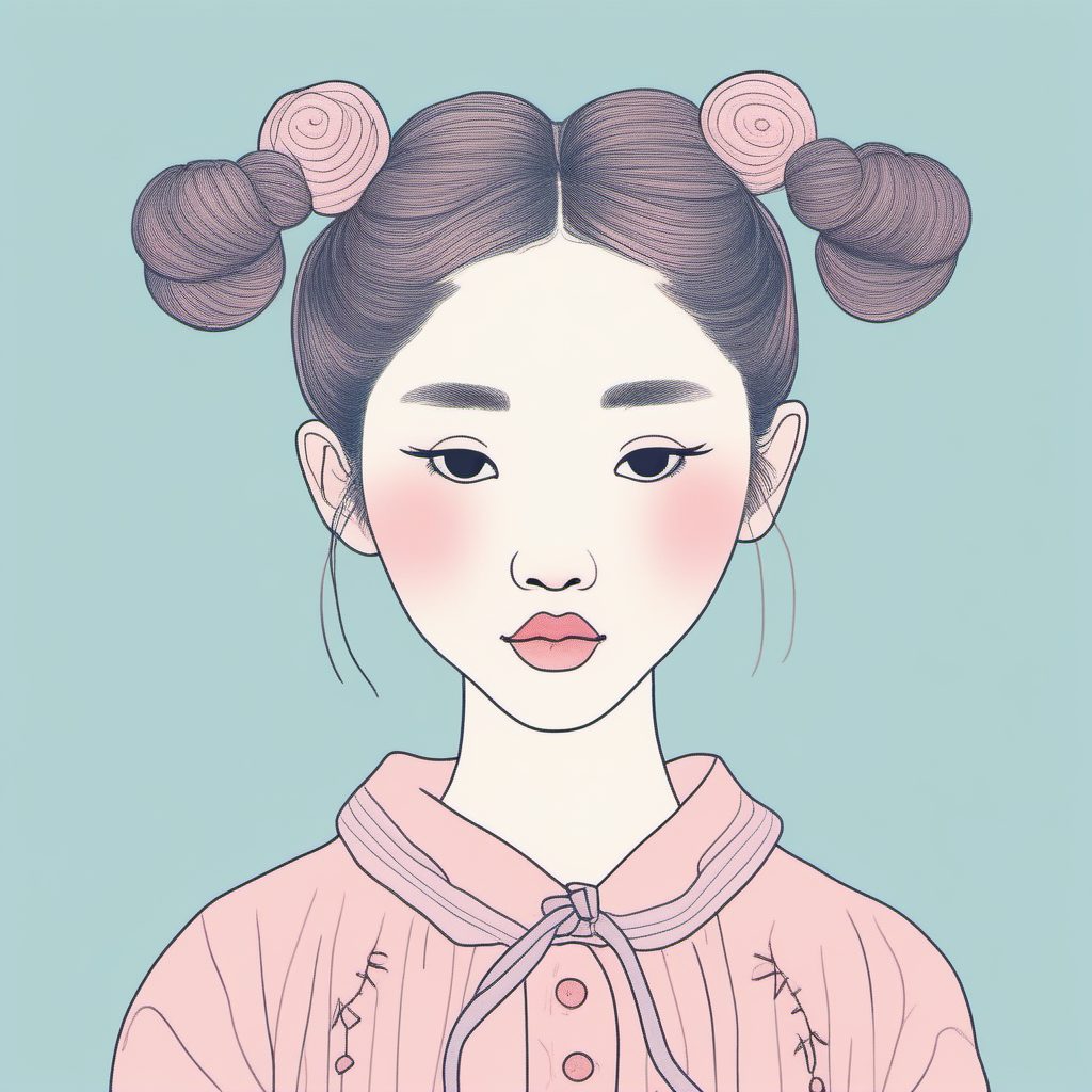 AI绘画高级技巧:极简线稿下的粉蓝系双丸子头少女