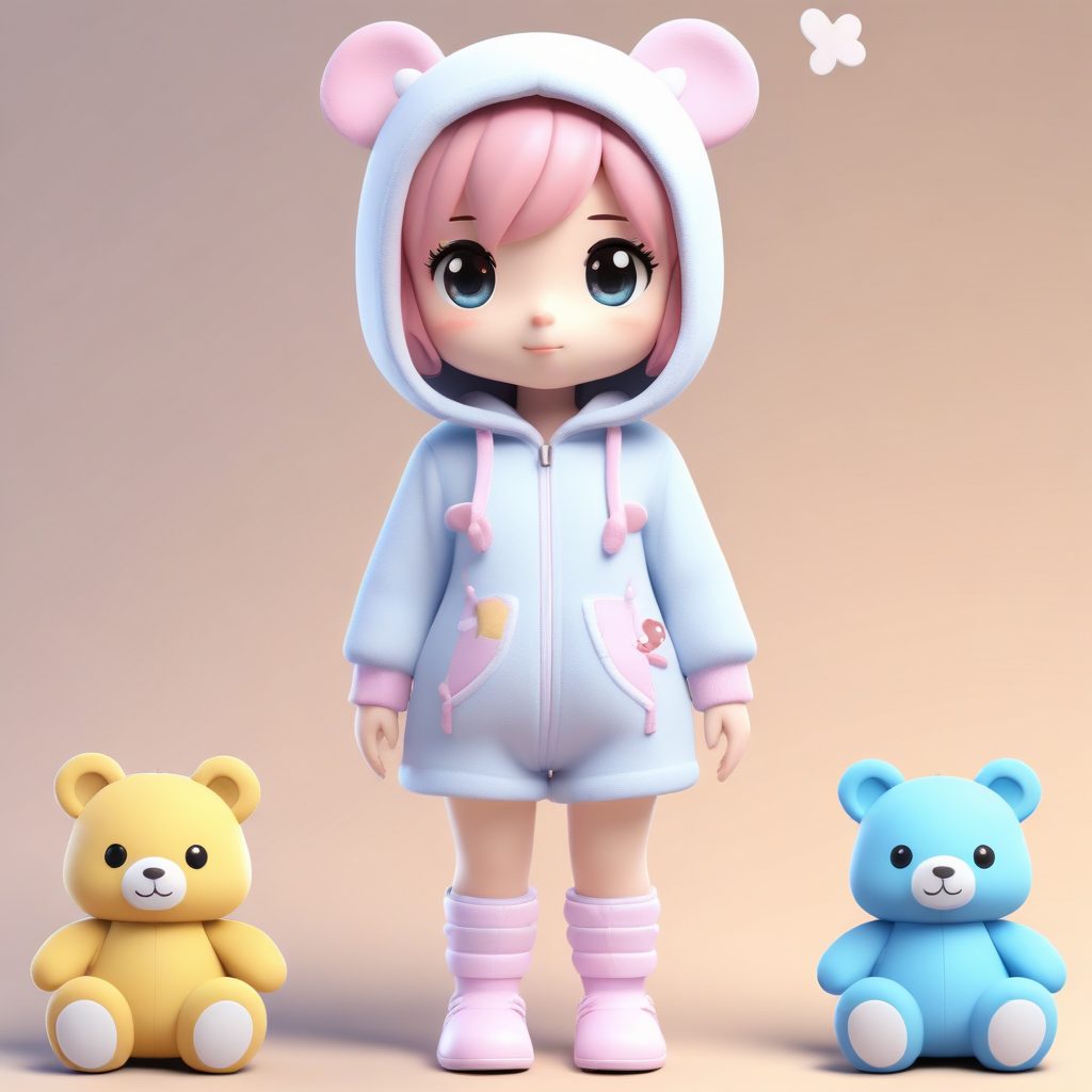 AI绘画换装：Q版女孩穿可爱连体睡衣，抱着小熊布偶，纯色背景全身像