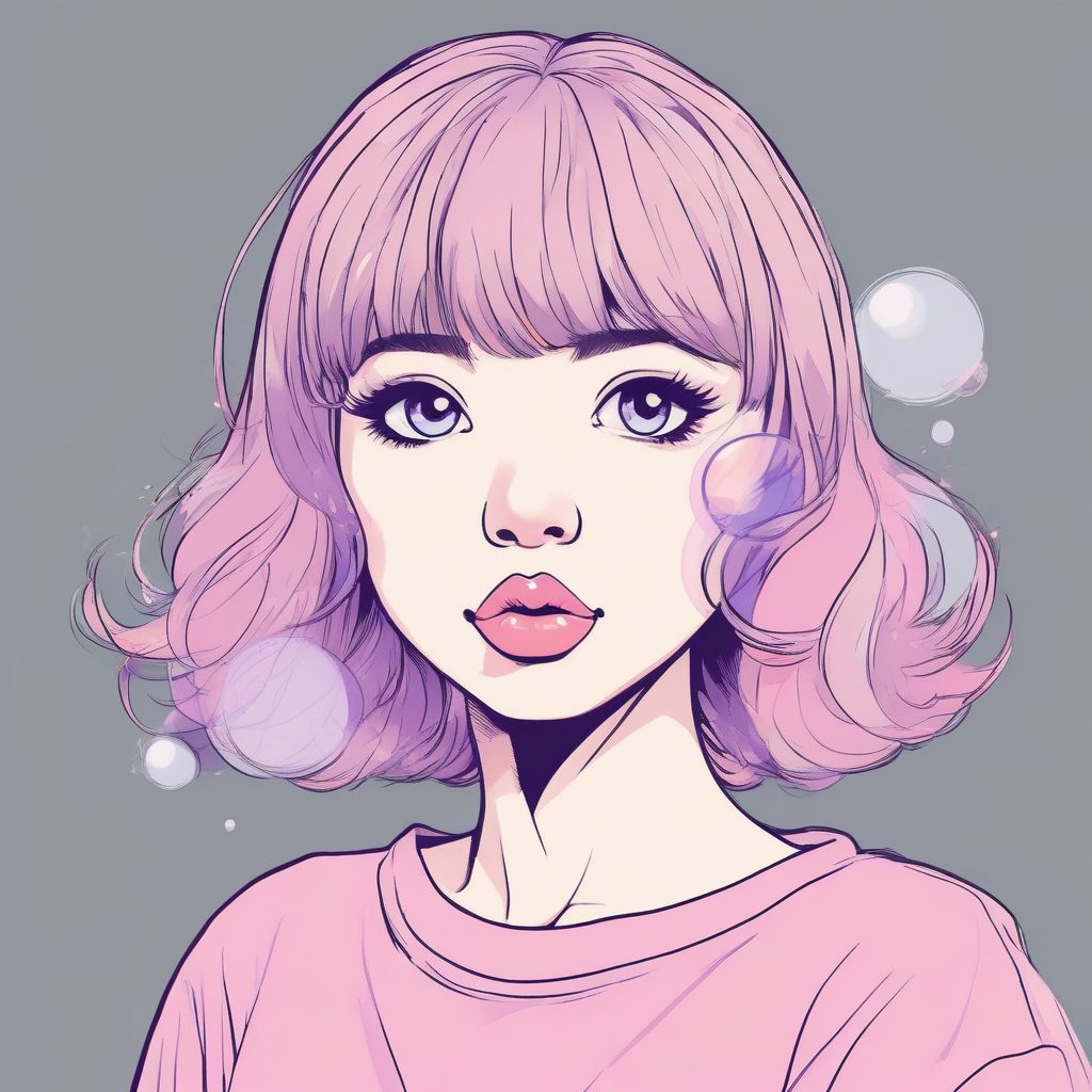 AI绘画:极简“泡泡糖”少女头像,低饱和粉紫色纯色背景