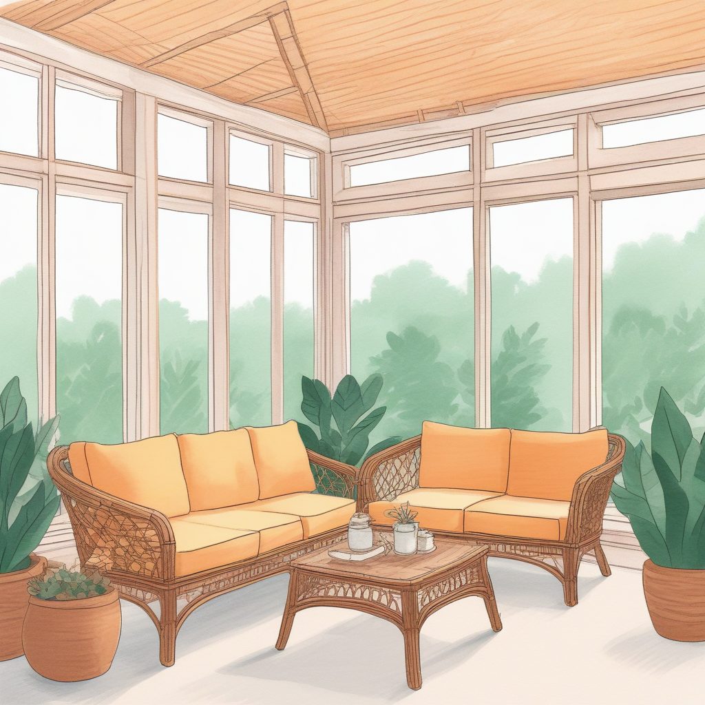 AI绘画：极简阳光房插画，藤编材质+彩色铅笔手绘，满满的度假感