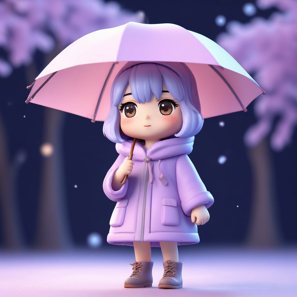 AI绘画教程: 穿斗篷雨衣在雪中撑伞的Q版人物提示词