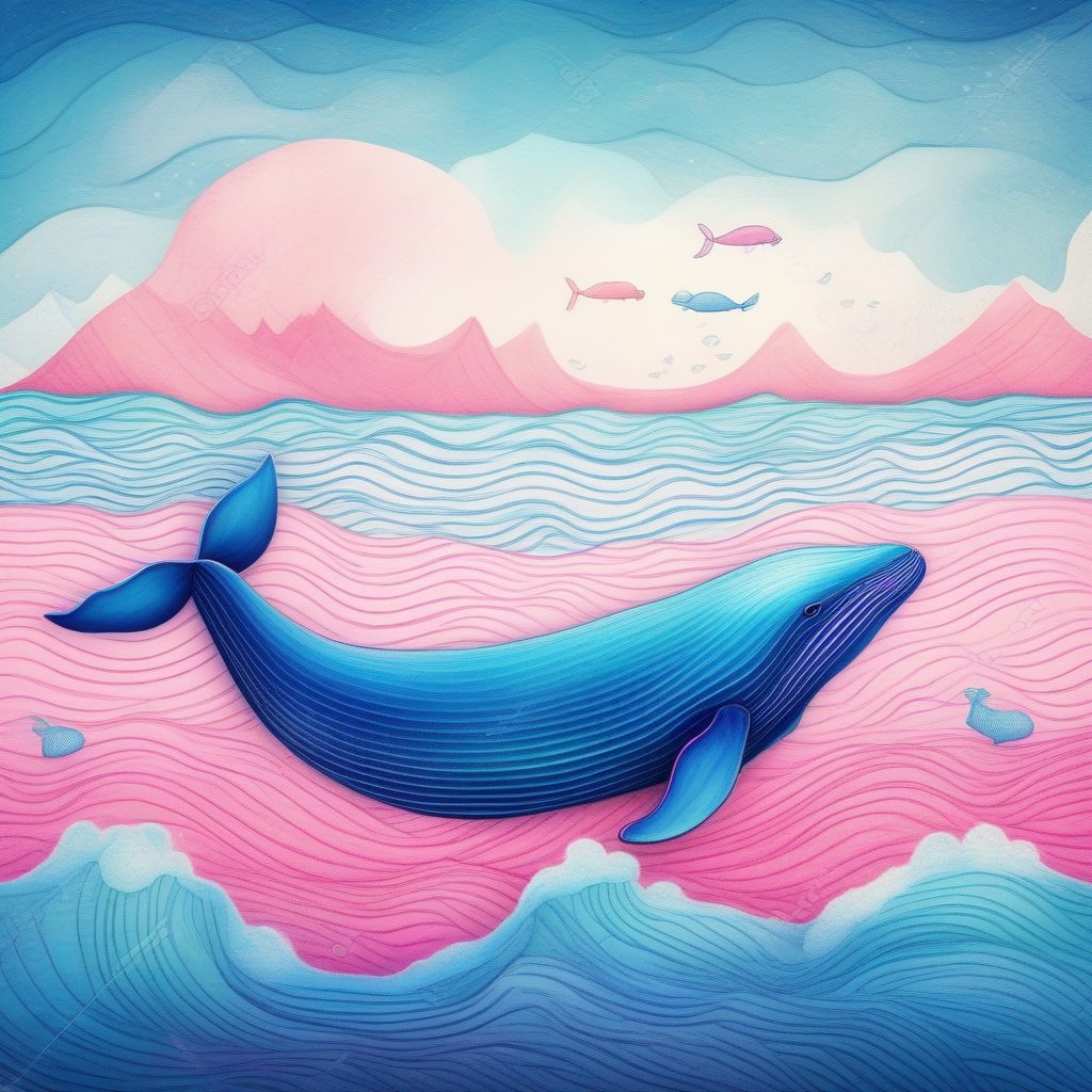 AI绘画教程:极简风粉蓝海洋动物(鲸鱼)手绘插画提示词