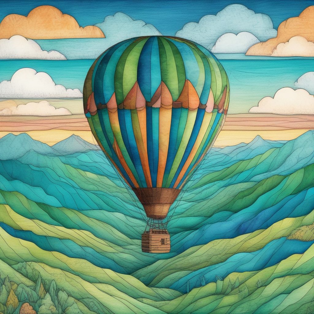 AI绘画教程:手绘热气球山脉风景扁平插画(纸张纹理)