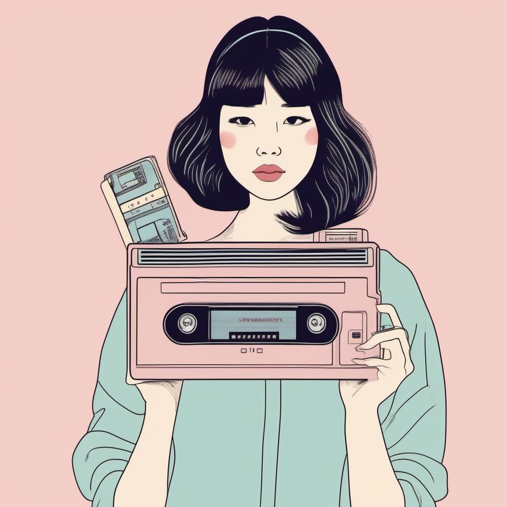 AI绘画教程:手拿复古录音机的粉蓝系极简线稿女孩