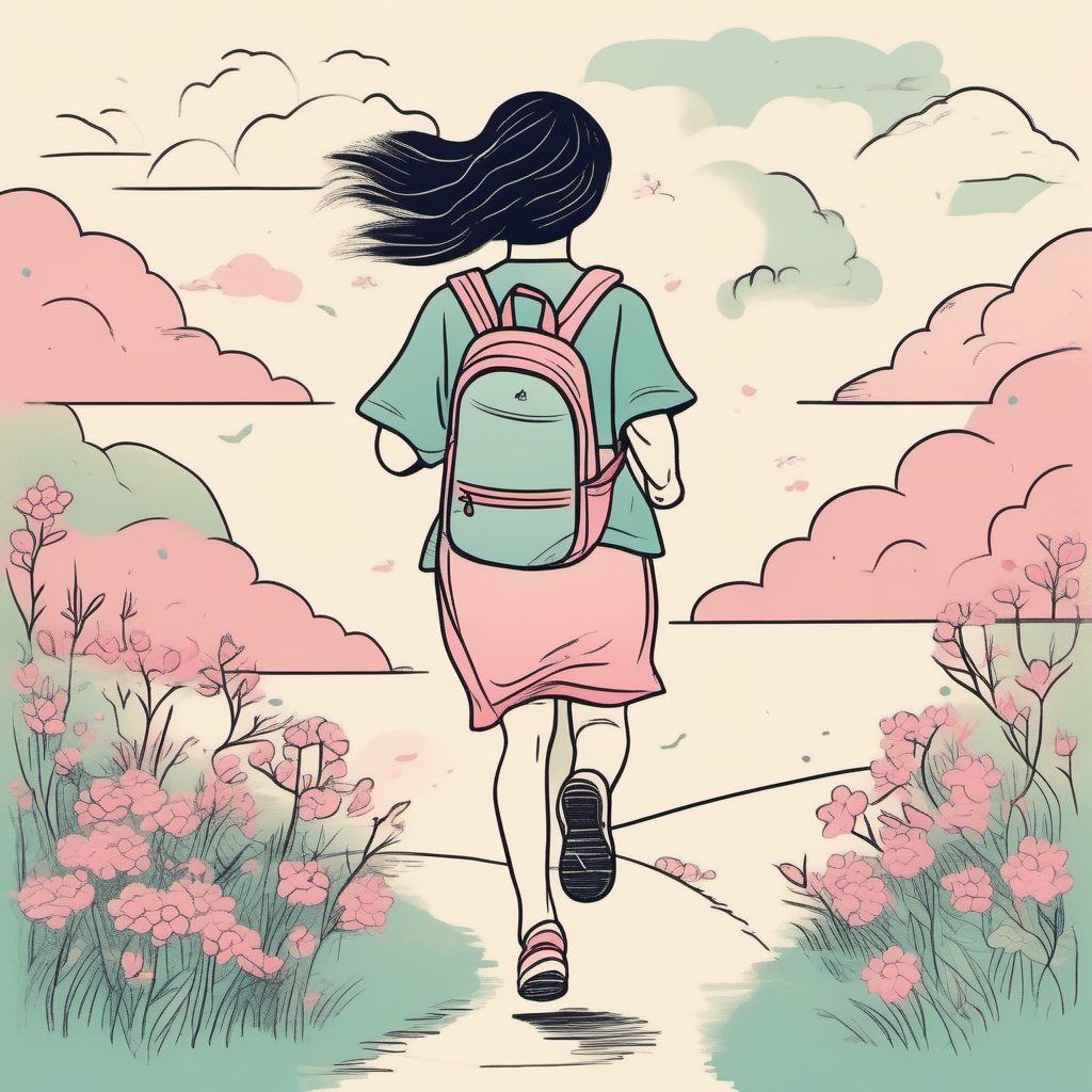 【AI绘画进阶】动态感:背着小书包奔跑的粉蓝系女孩,极简线描