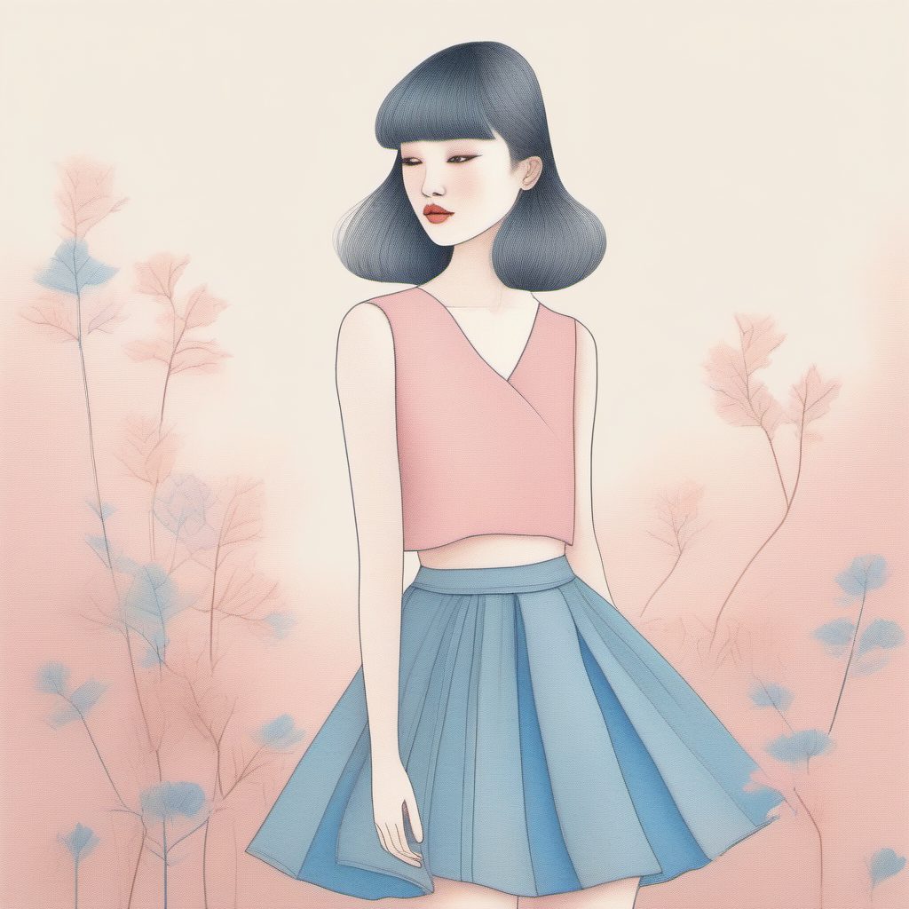 AI绘画灵感:极简线稿下的日系短款T恤与半裙穿搭,纯色背景