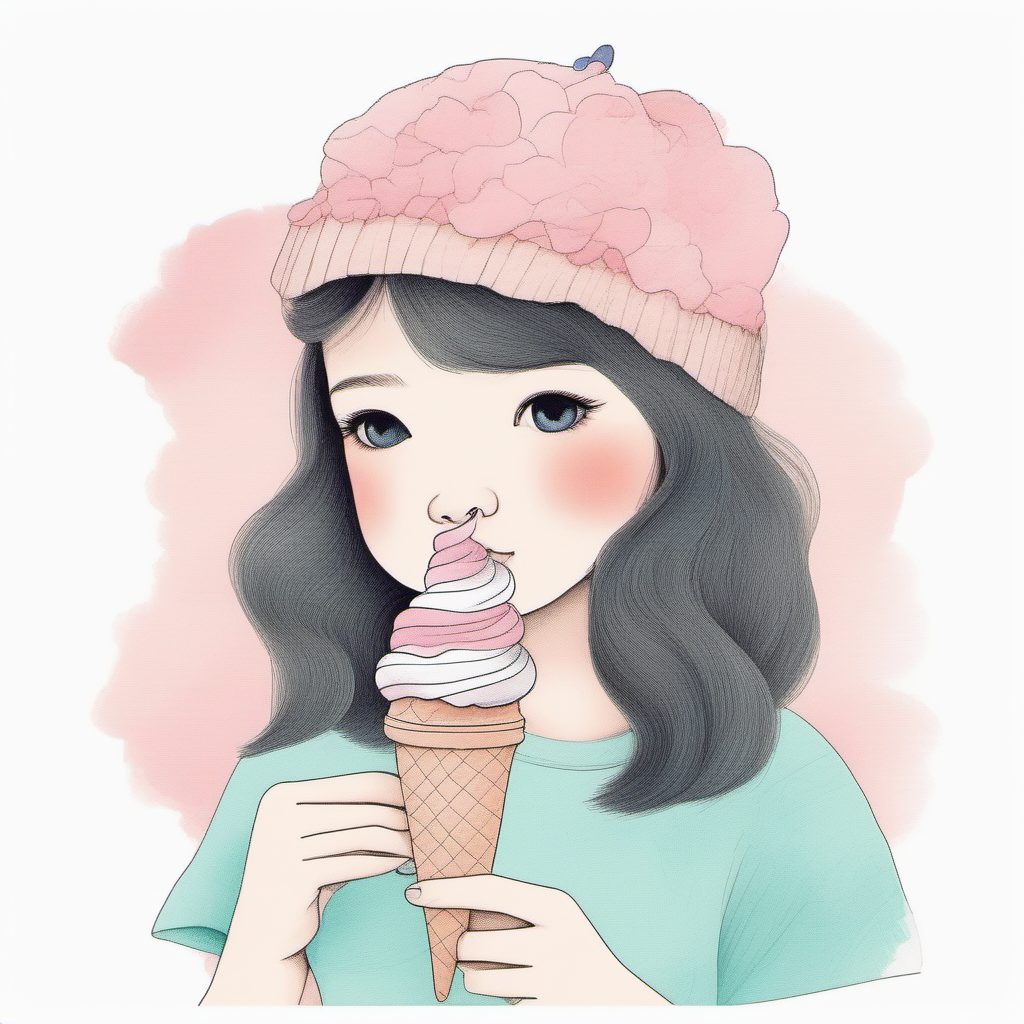 AI绘画甜点系列:手拿冰淇淋的日系女孩软萌线稿