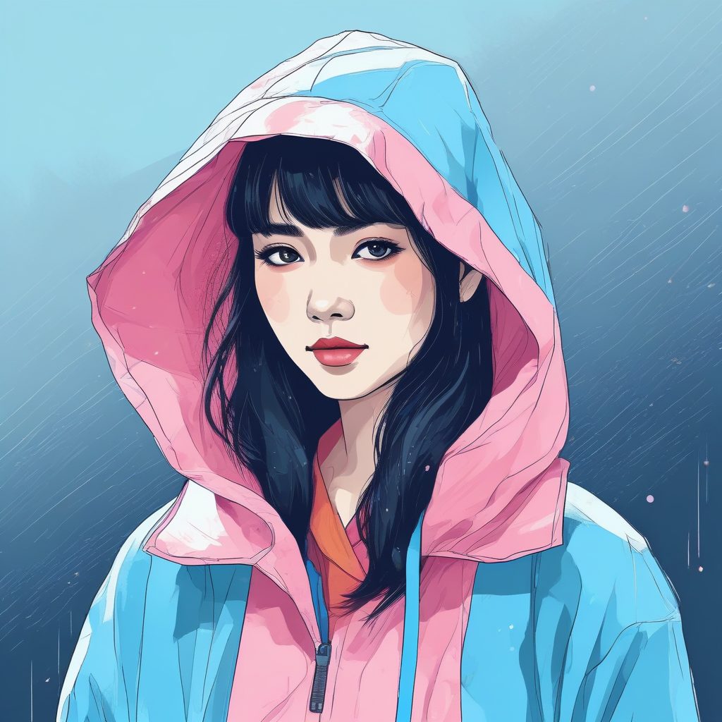 AI绘画新趋势:极简日系少女的粉蓝雨衣穿搭
