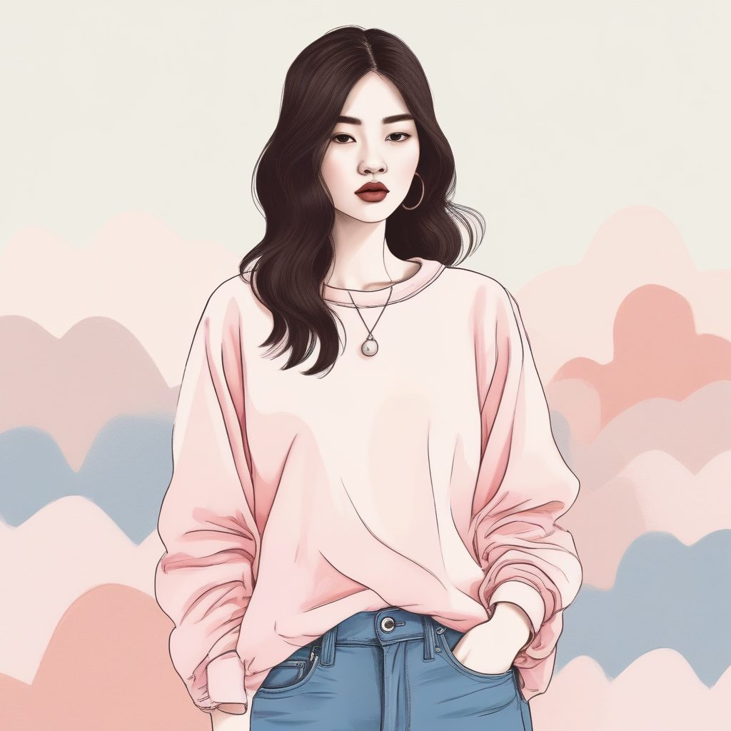 AI绘画治愈系：绝美粉蓝色系插画，彩色铅笔笔触，打造高级感OOTD模板！