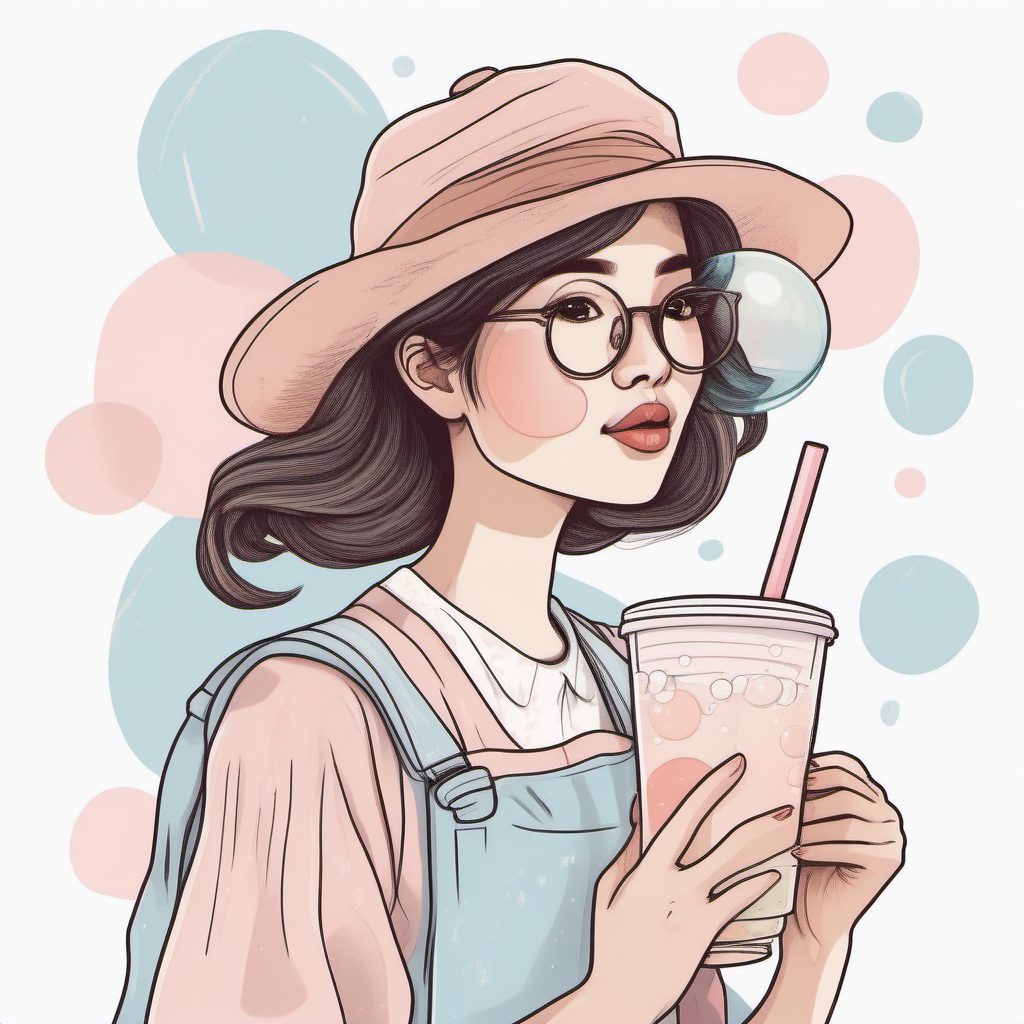 AI绘画治愈系:手捧泡泡茶的粉蓝系软萌女孩,极简风