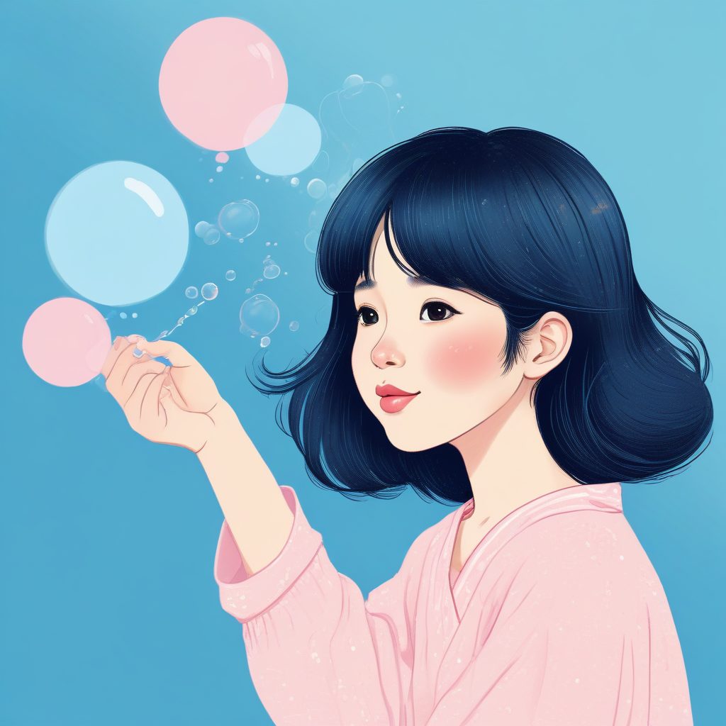 AI极简美学:软萌日系女孩与泡泡,粉蓝治愈插画技巧
