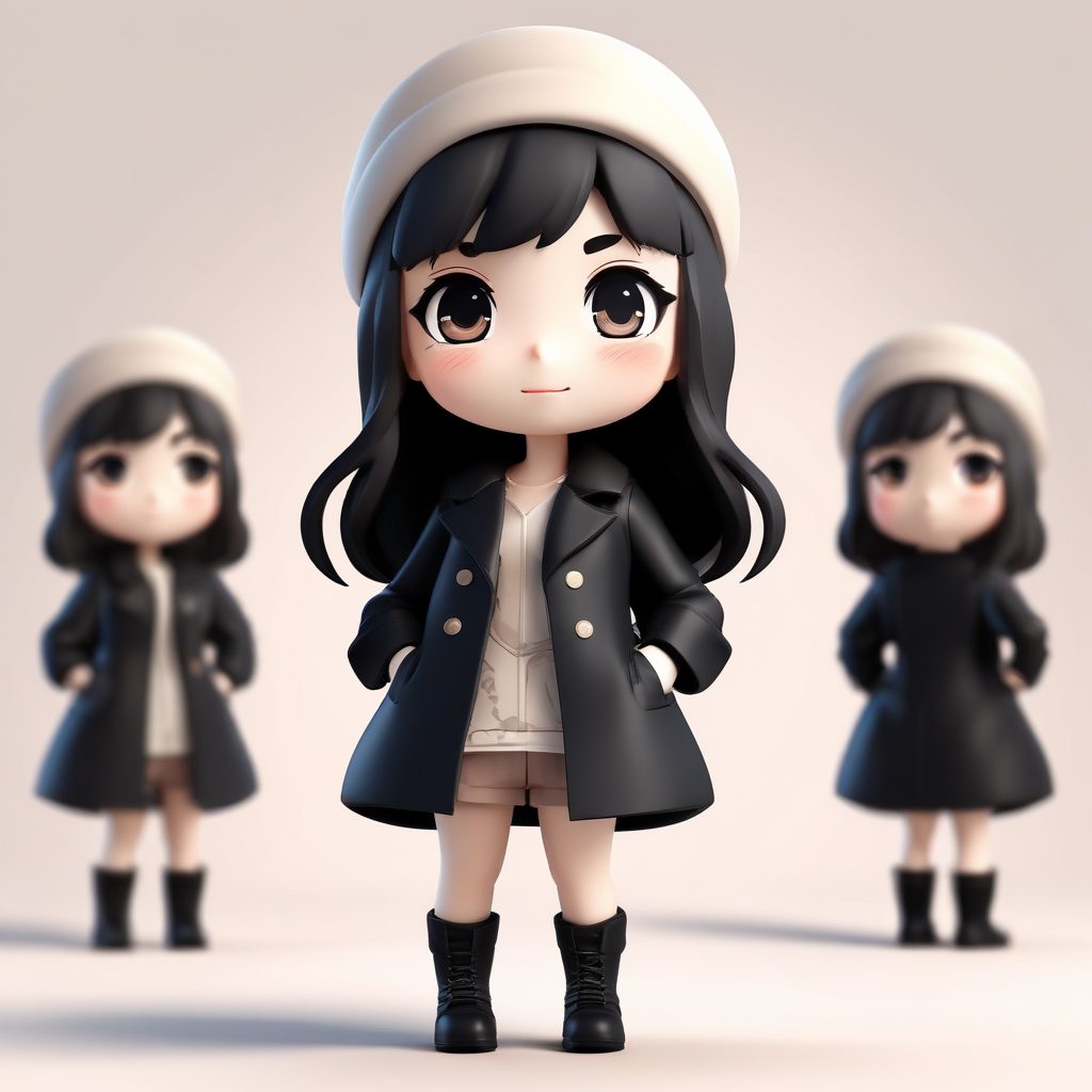 AI捏人教程：Q版女孩穿长款大衣，高冷表情，高级感3D渲染提示词