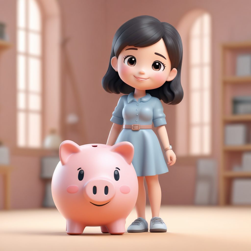 AI生成财商Q版: 抱着存钱罐笑开花的理财小达人 (全身)