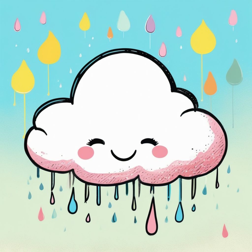 AI生成可爱云朵插画:扁平手绘风格的雨滴制造者(异想天开)