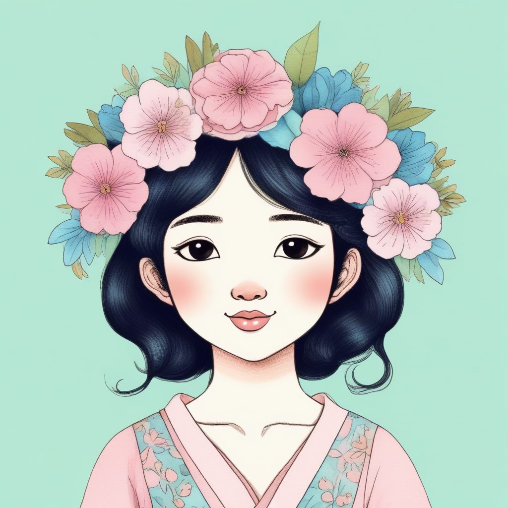 AI生成秘籍:极简可爱日系女孩与花环,粉蓝配色纯色背景