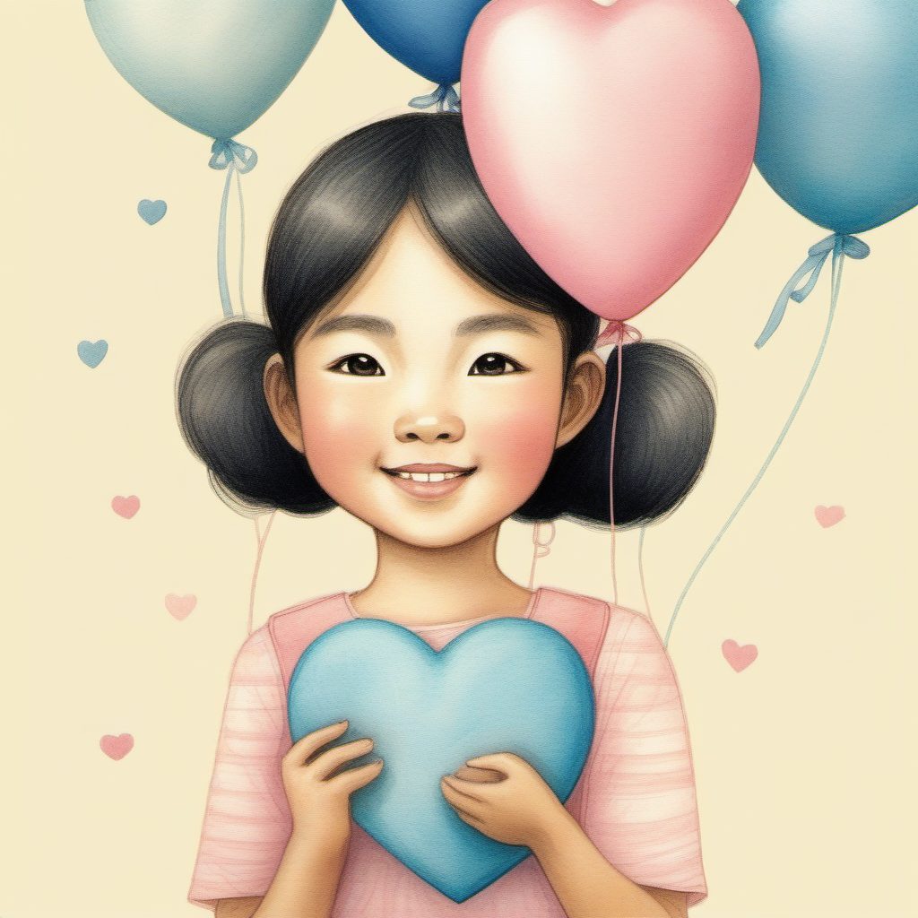 AI生成手持心形气球的粉蓝系可爱女孩插画:纯色背景焦点