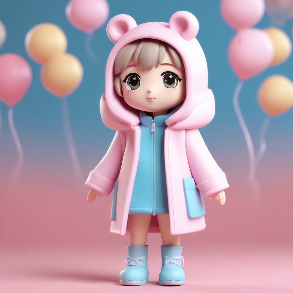 AI提示词大全: 穿马卡龙色大衣的Q版女孩吹泡泡动态