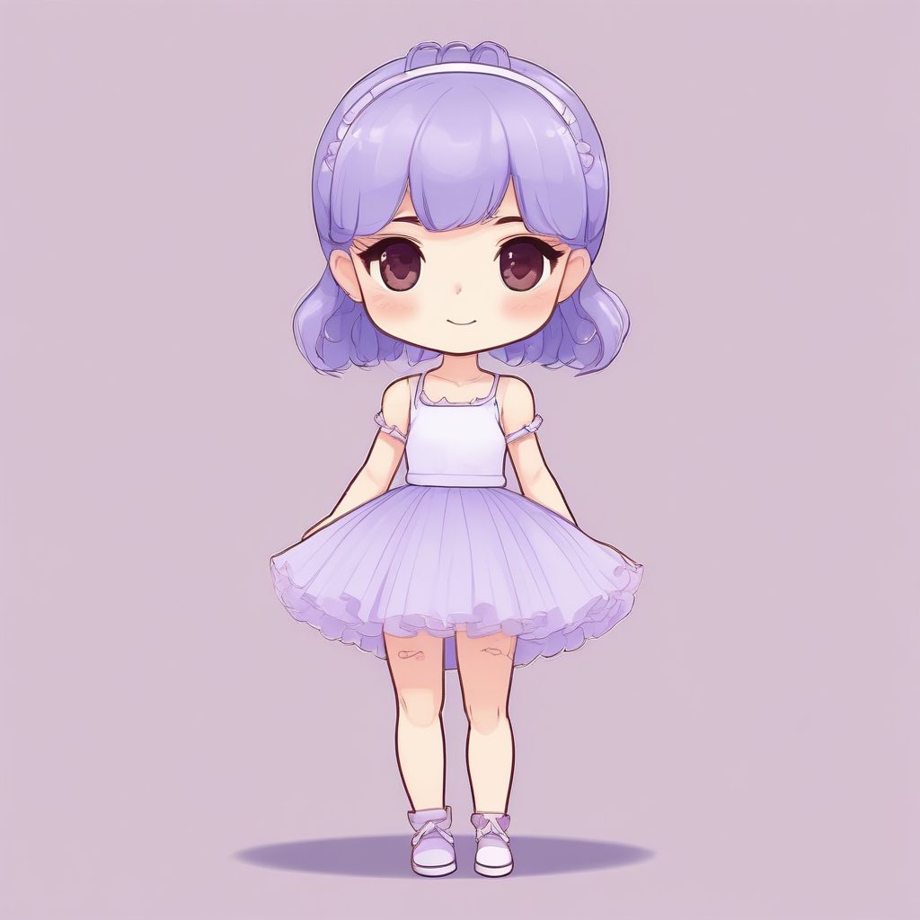 💎芭蕾舞优雅Chibi：薄纱舞裙Q版全身像，纯淡紫色背景